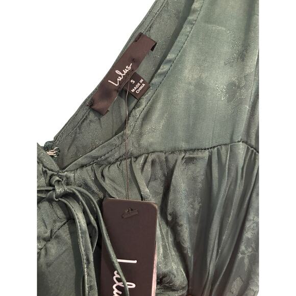 NWT Lulus Green Satin Jacquard Maxi Dress Small V Neck Tie Front Mermaid Hem - Picture 7 of 8